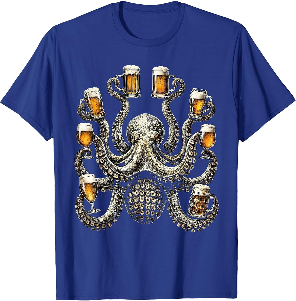 Octopus Holding Eight Beers Funny Drinking Art T-Shirt, Men, Royal Blue, X-Large - As Pictured