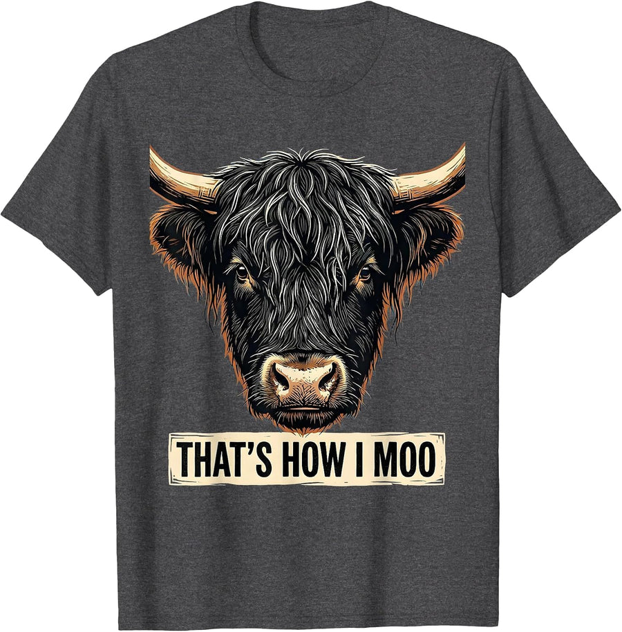 Men's That's How I Moo Funny Highland Cow Linocut Floral Humor T-Shirt - Dark Heather Grey