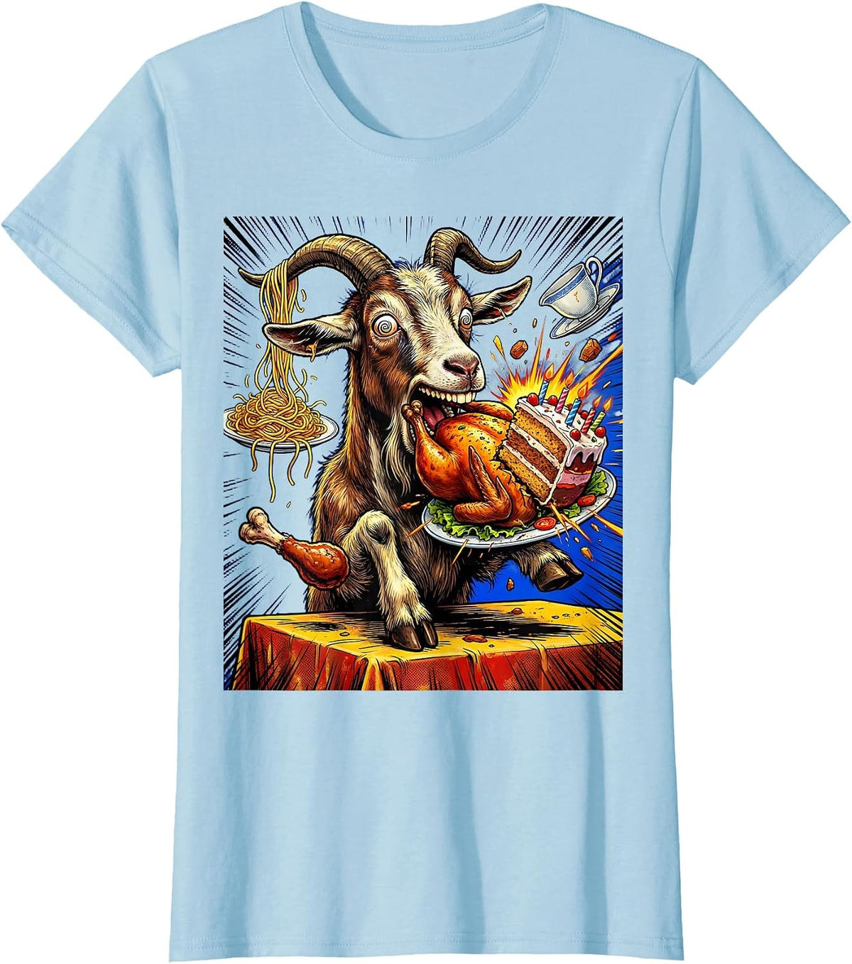 Funny Goat Eating Everything Off Dinner Table T-Shirt - Baby Blue