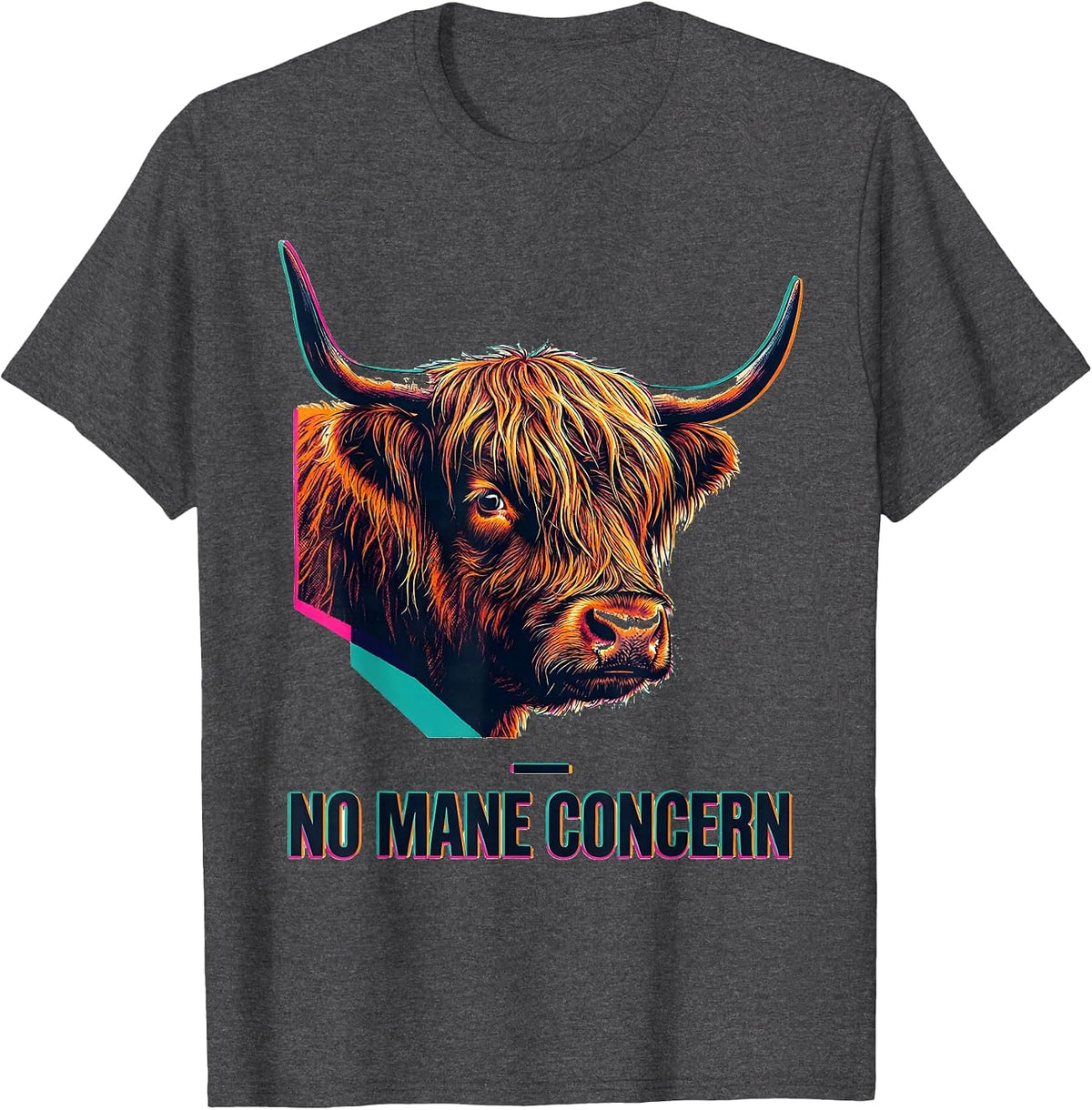 Men's No Mane Concern Funny Highland Cow Farm Animal Lover Humor T-Shirt - Dark Heather Grey