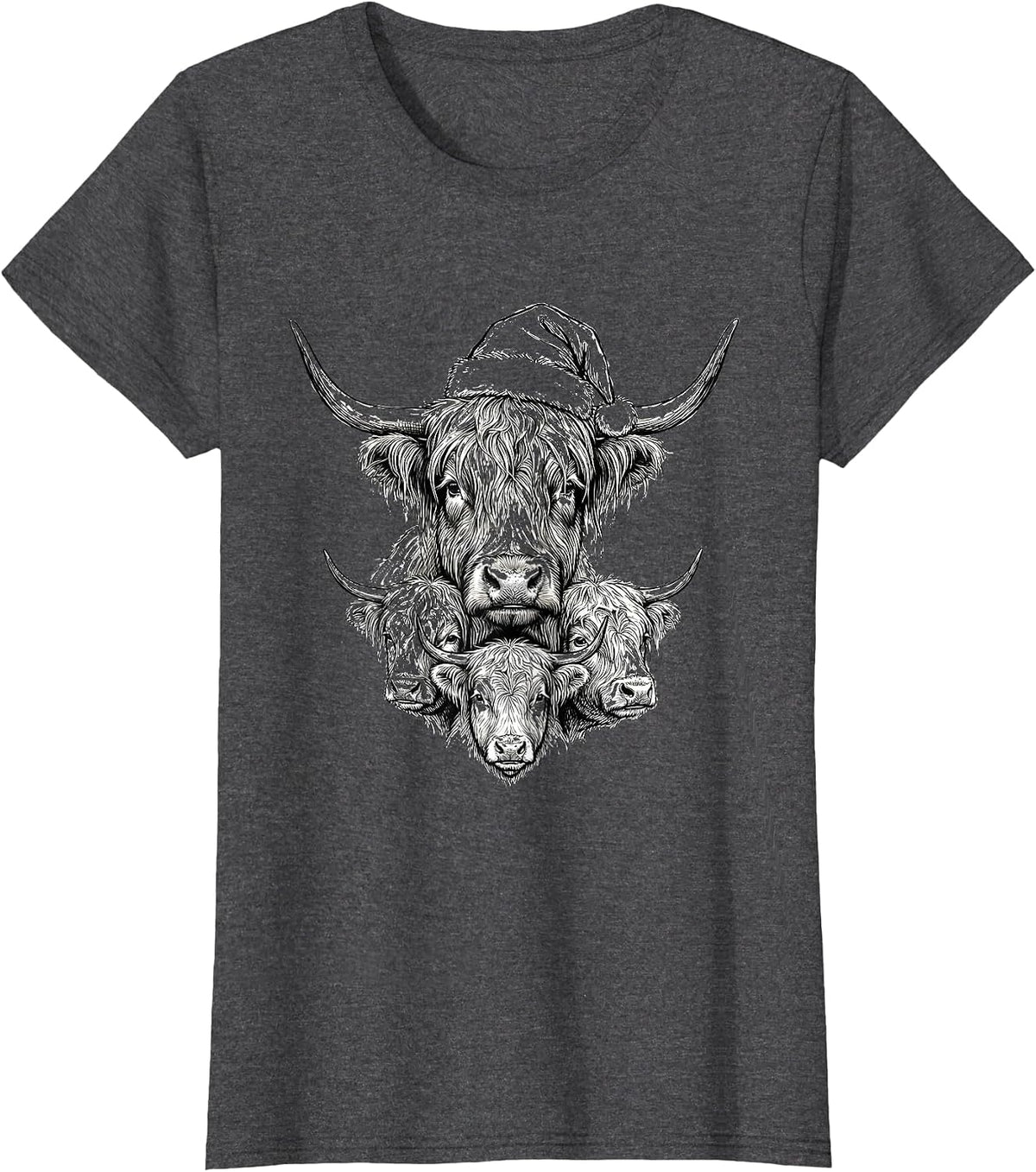 Women's Highland Cow Santa Hat Farm Animal Christmas Humor T-Shirt - Dark Heather Grey