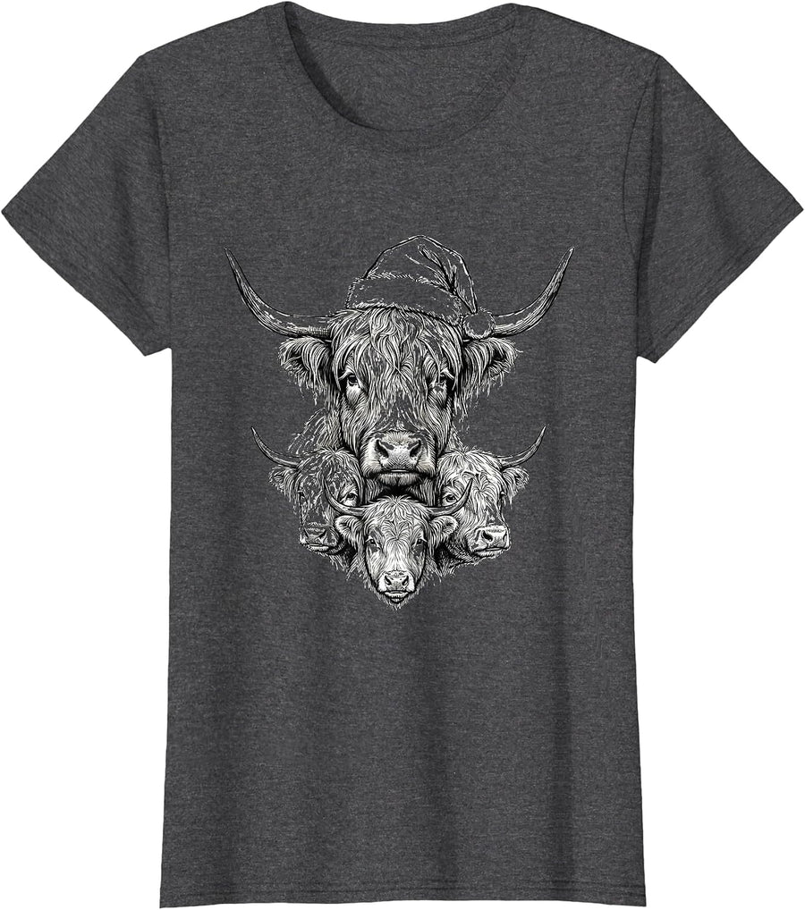 Women's Highland Cow Santa Hat Farm Animal Christmas Humor T-Shirt - Dark Heather Grey