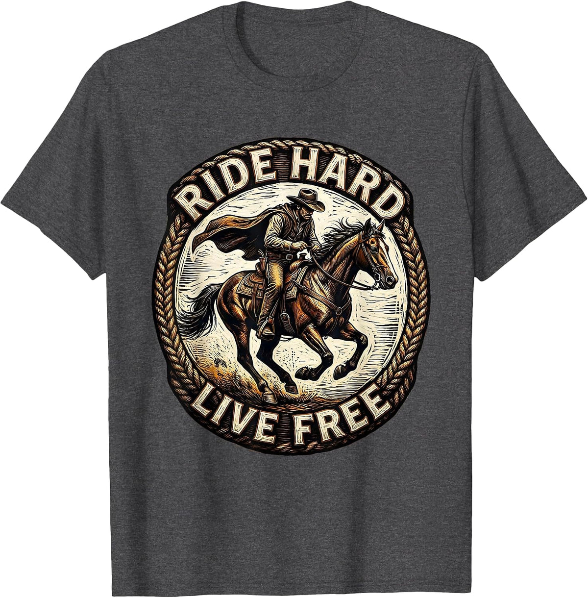 Ride Hard Live Free Cowboy Western Design T-Shirt - Dark Heather Grey