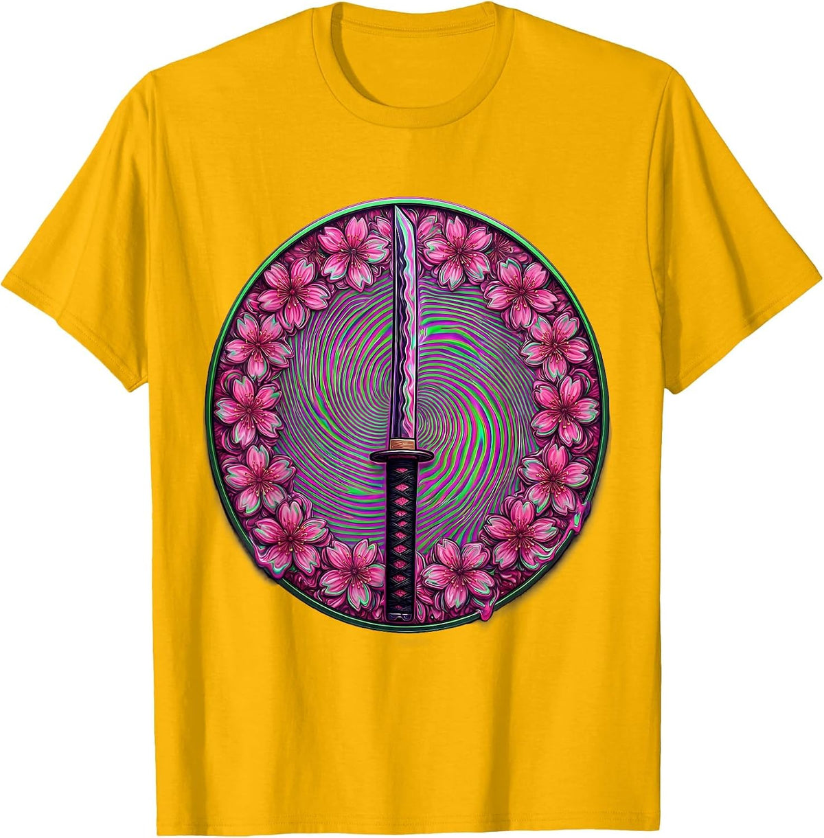 Katana Blade Cherry Blossom Japanese Art Design T-Shirt - Golden Yellow