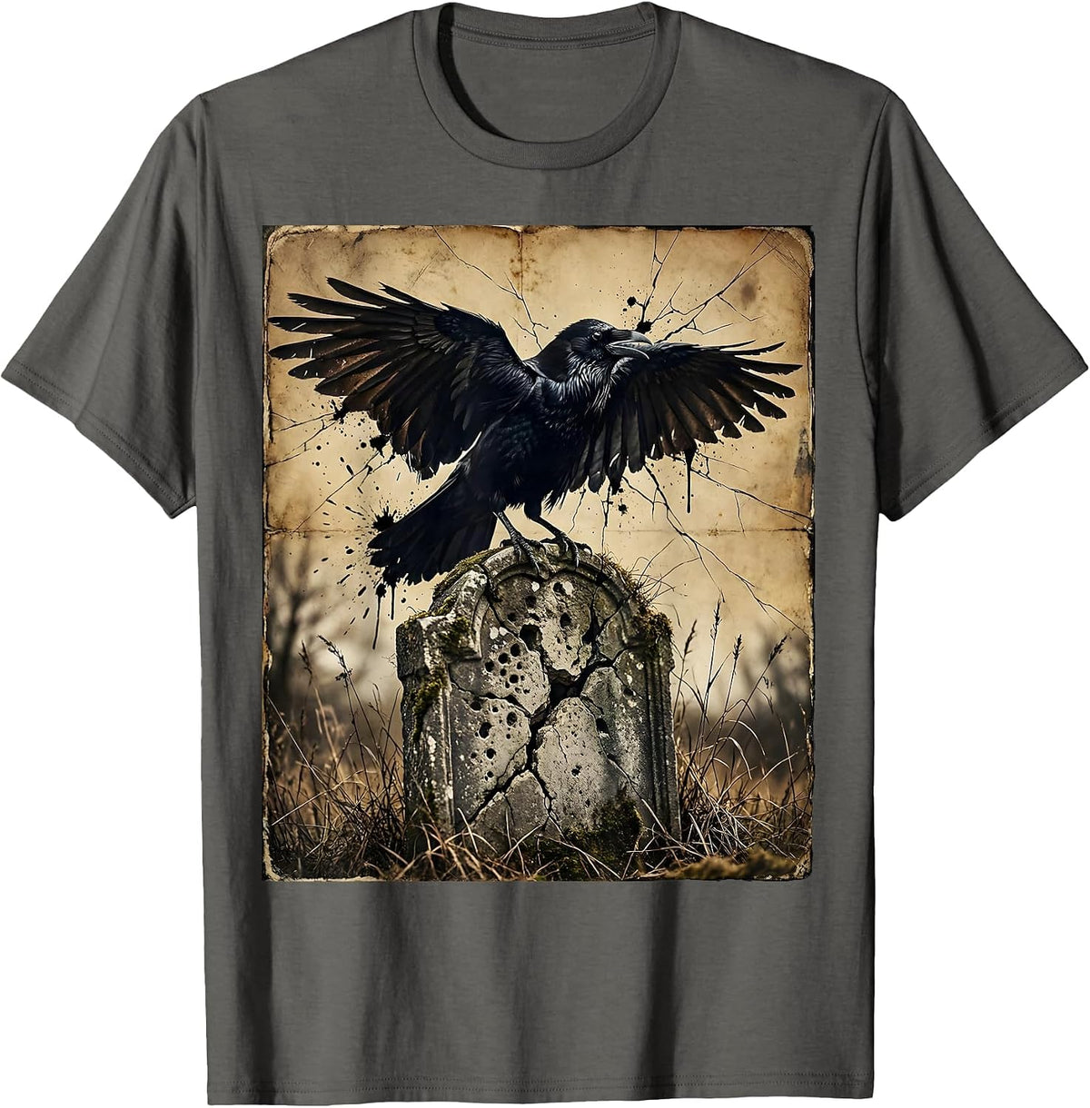 Crow on Gravestone Spooky Season Halloween Art T-Shirt - Asphalt Grey