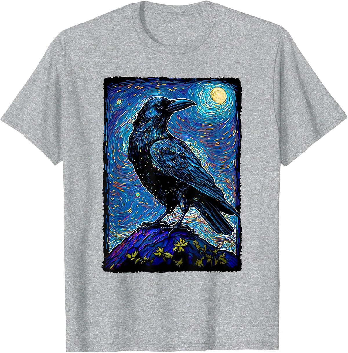 Raven Starry Night Style Painting, Van Gogh Crow Lover T-Shirt - Heather Grey