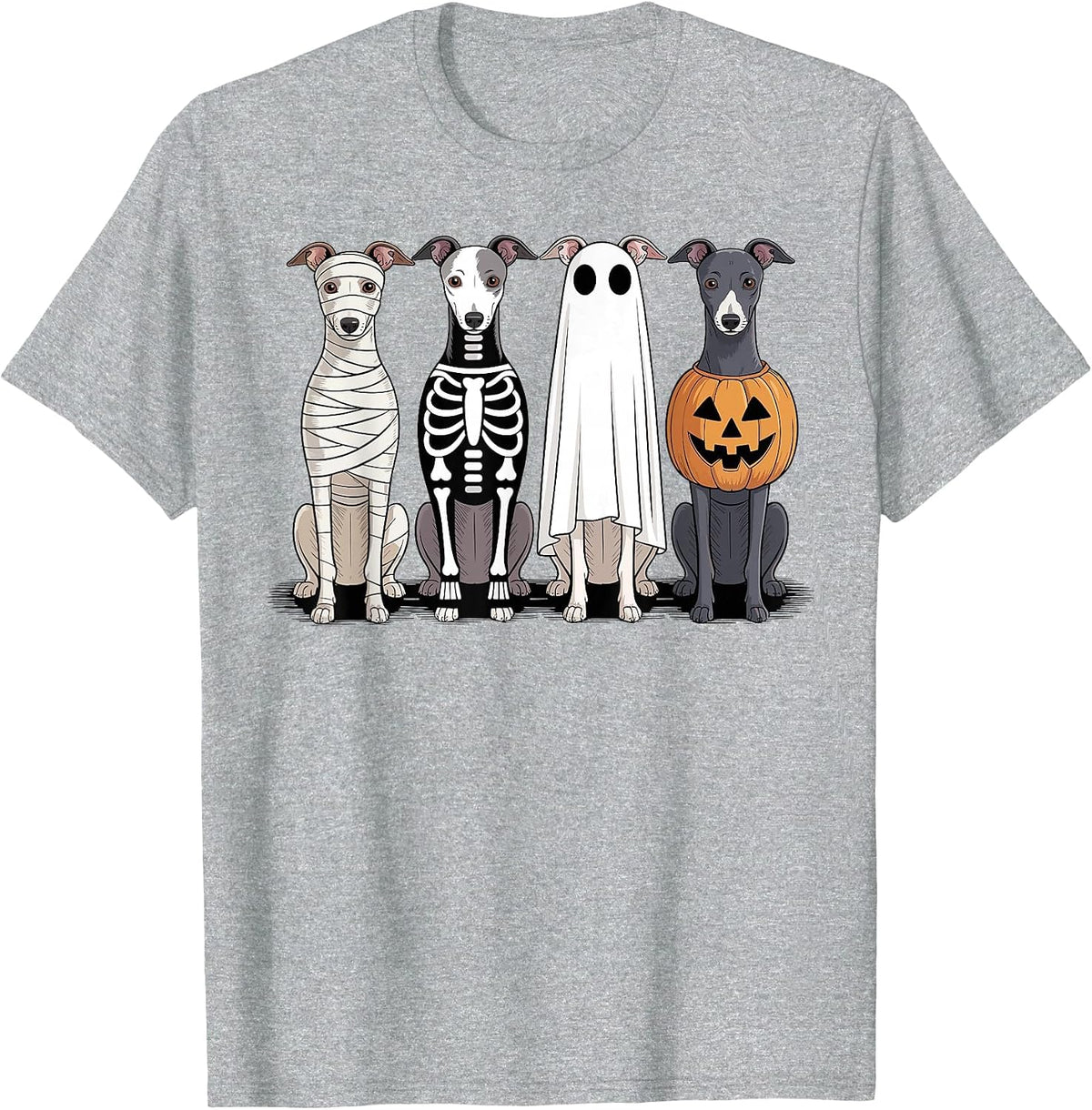 Spooky Ghost Italian Greyhound Pumpkin Halloween Skeleton T-Shirt - Heather Grey