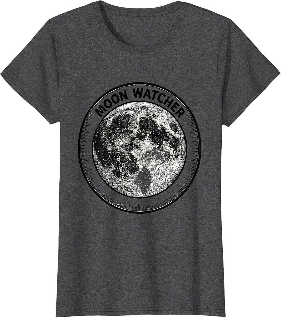 Women's Moon Watcher Line Art Celestial Astrology Moon Phase T-Shirt - Dark Heather Grey