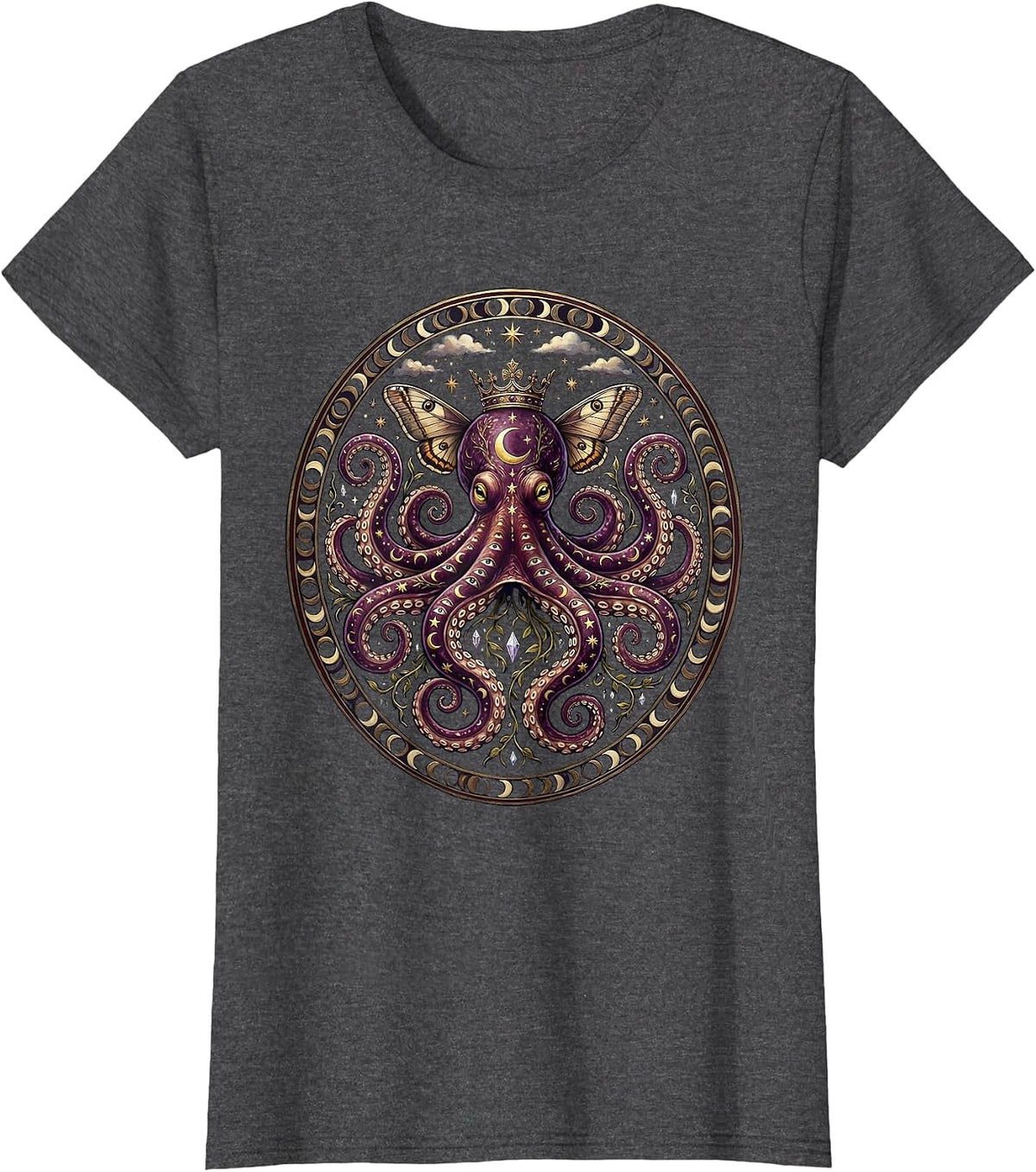 Women's Regal Octopus Wearing a Tiny Golden Crown T-Shirt - Dark Heather Grey