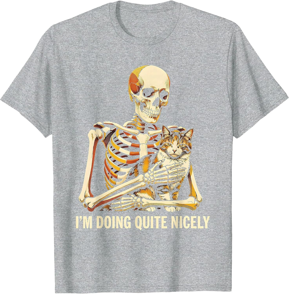 Men's I'm Doing Quite Nicely Risograph Skeleton Hugging Cat T-Shirt - Heather Grey