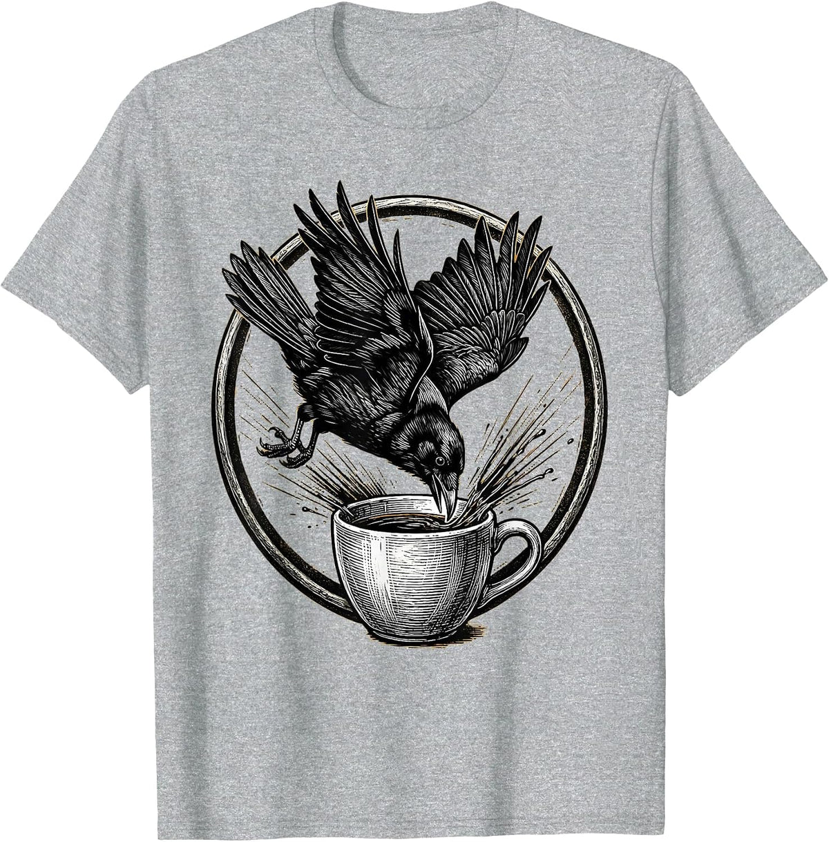 Men's Crow Diving Into Coffee Mug Funny Bird Art T-Shirt - Heather Grey