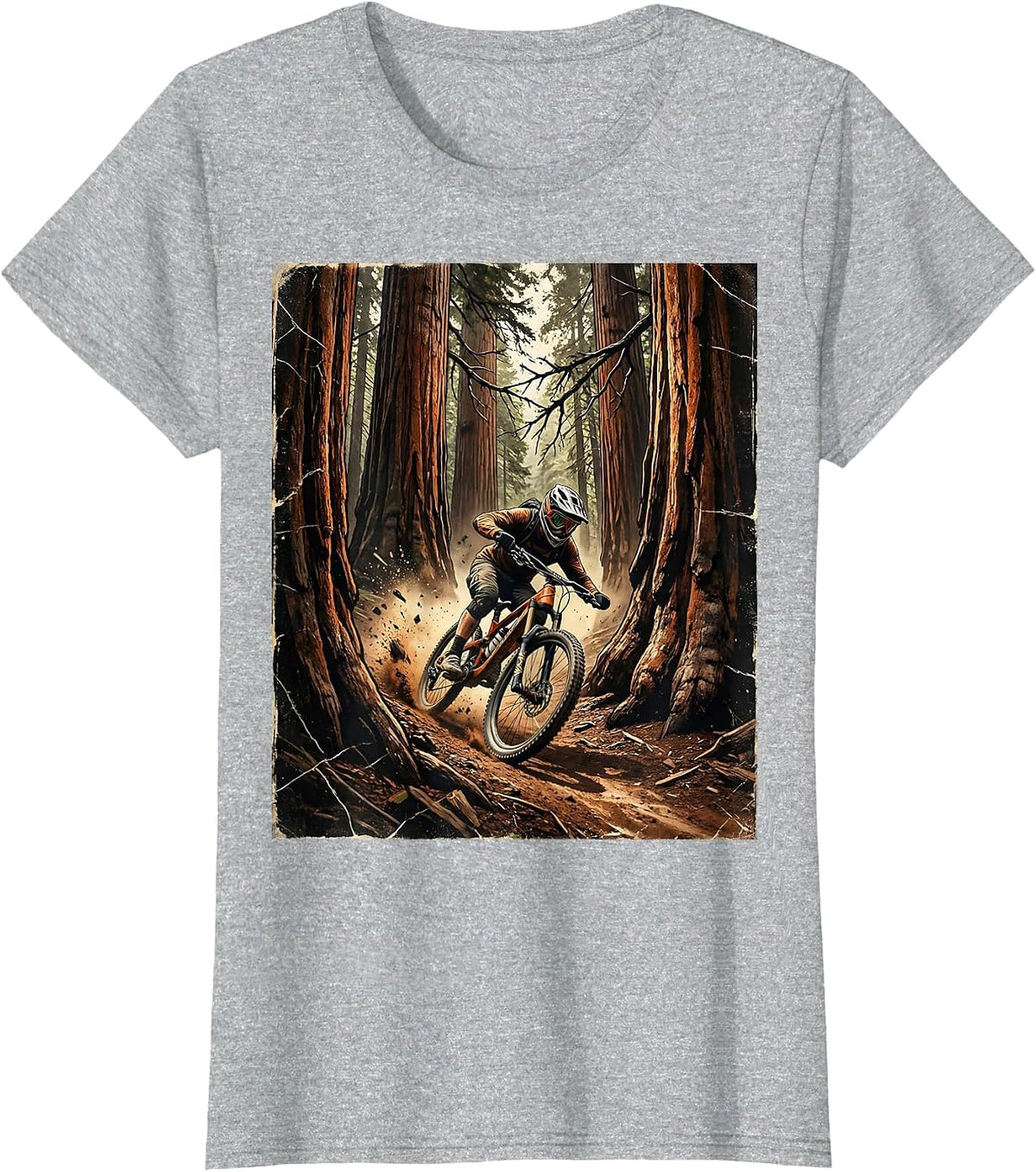 Mountain Biker Weaving Through Redwood Trees T-Shirt - Heather Grey