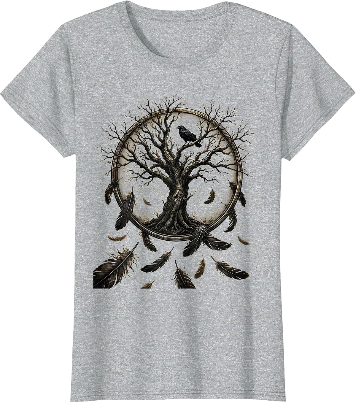 Crow Feathers Falling Around a Lone Tree T-Shirt - Heather Grey