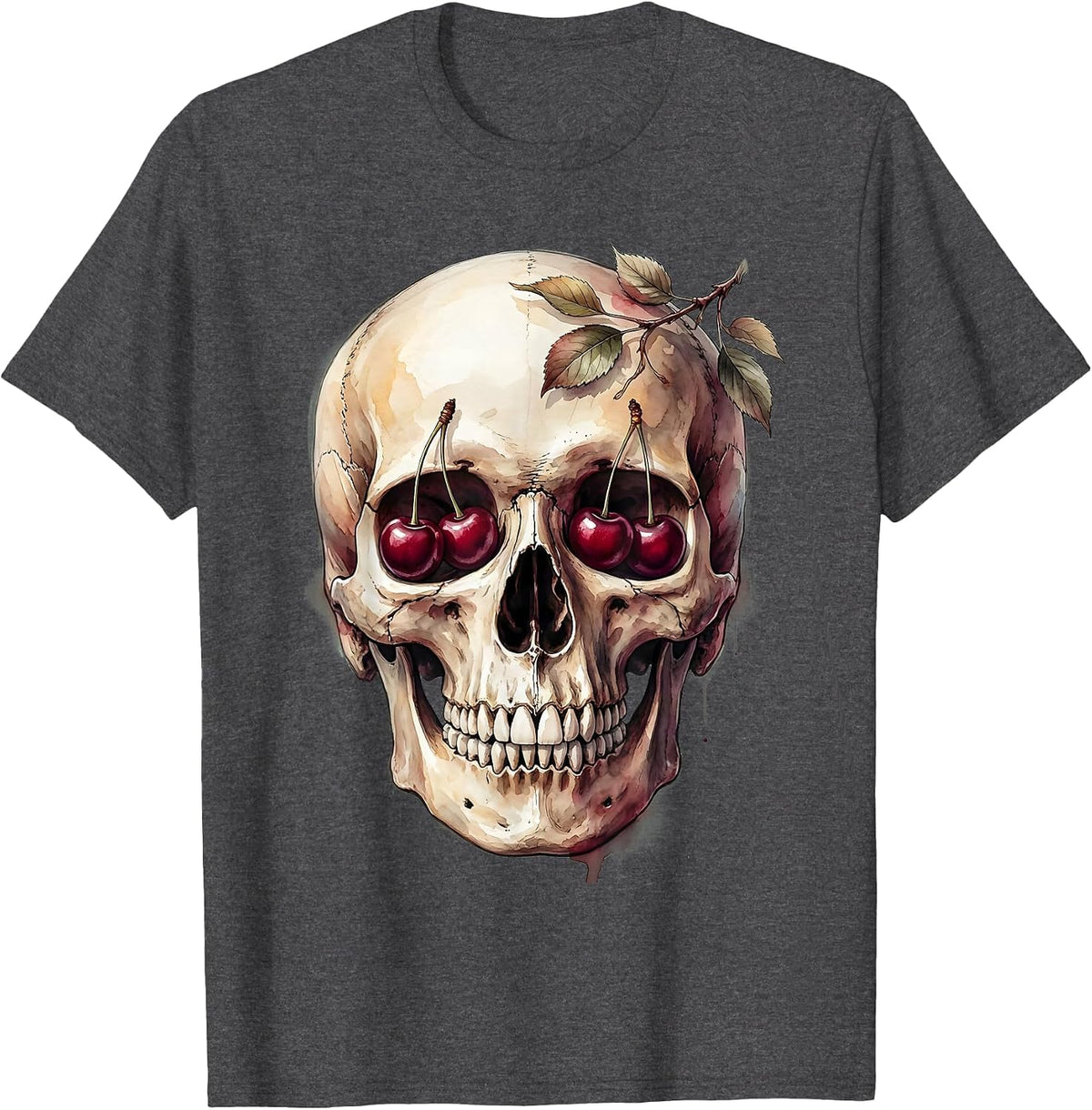 Skull With Cherry Eyes Dark Aesthetic Graphic T-Shirt - Dark Heather Grey