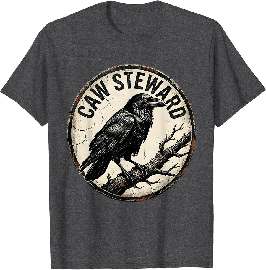 Men's Caw Steward Distressed Crow Bird Gothic Nature Enthusiast T-Shirt - Dark Heather Grey