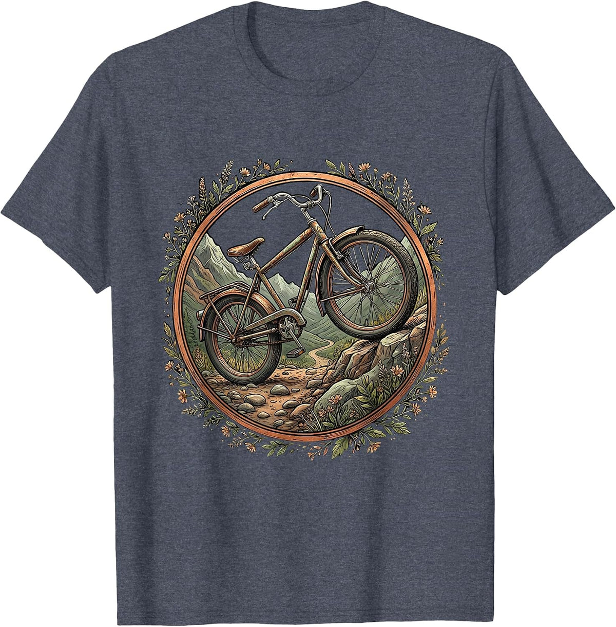 Rusted Bicycle Mountain Trail Progress Over Perfection T-Shirt - Heather Blue