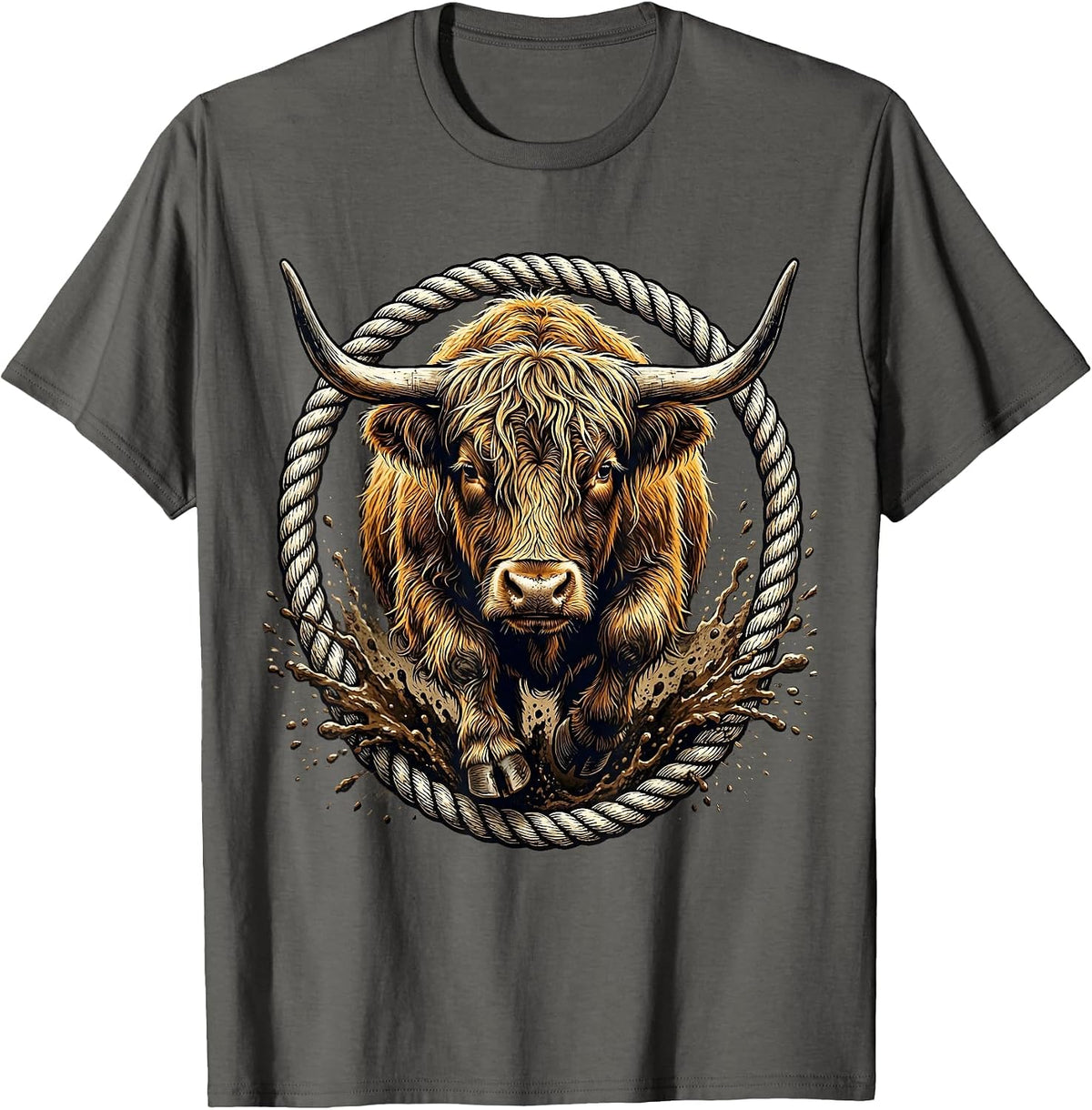 Highland Cow Charging Through Mud Graphic T-Shirt - Asphalt Grey