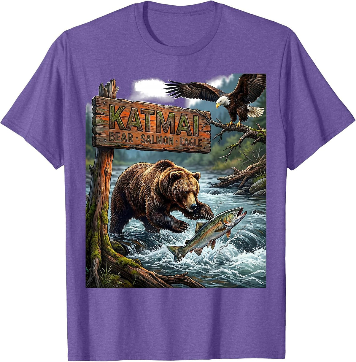 Men's Katmai — Bear, Salmon, Eagle Alaska Wildlife Souvenir State T-Shirt - Purple Heather