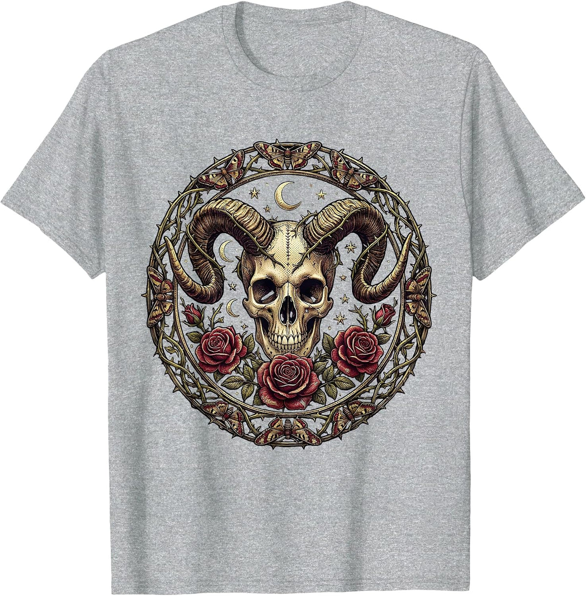 Men's Skull Ram Horns and Roses Gothic Dark Art Design T-Shirt - Heather Grey