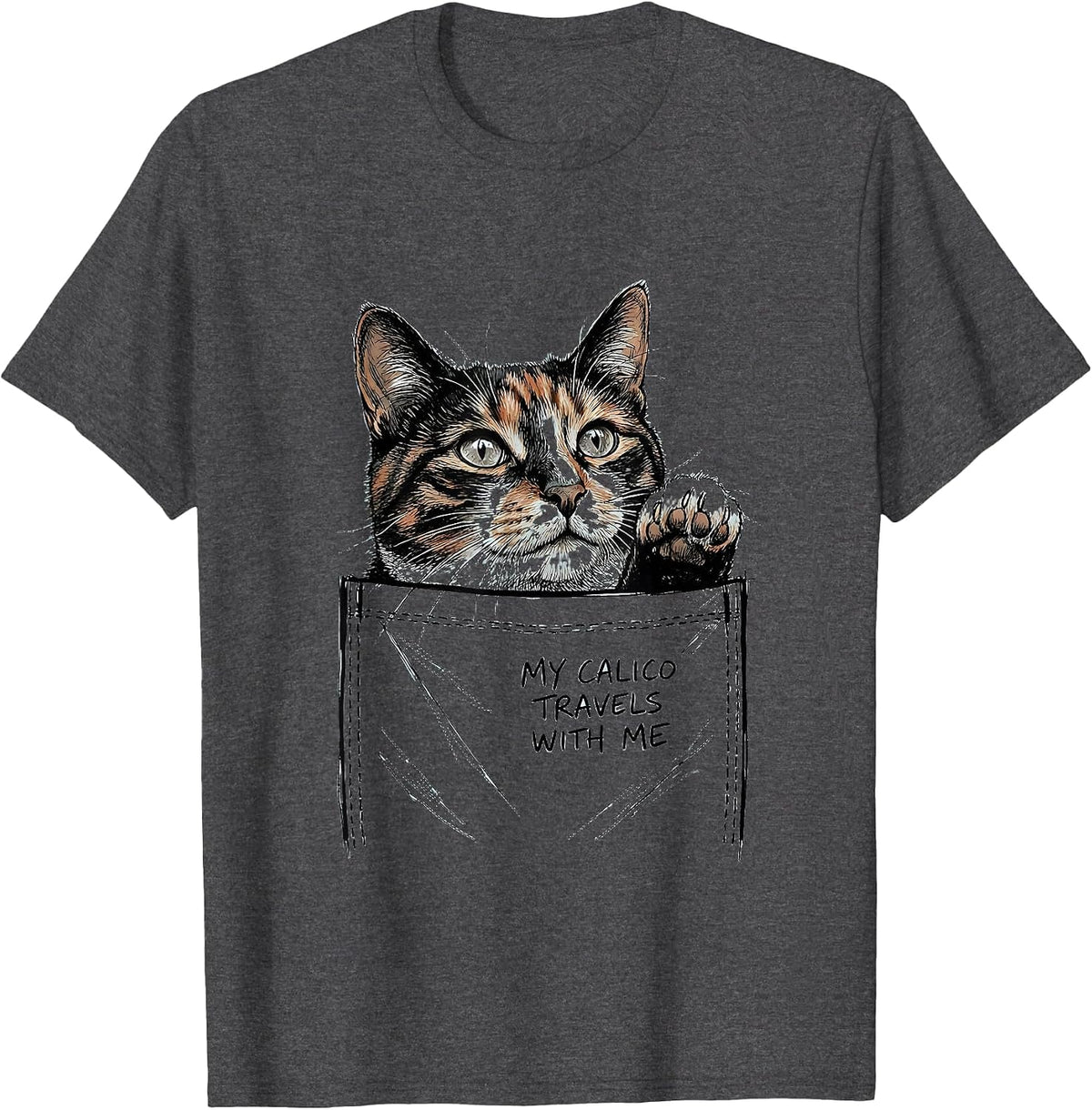 My Calico Travels With Me Cute Cat Lover Hand-Sketched Pet T-Shirt - Dark Heather Grey