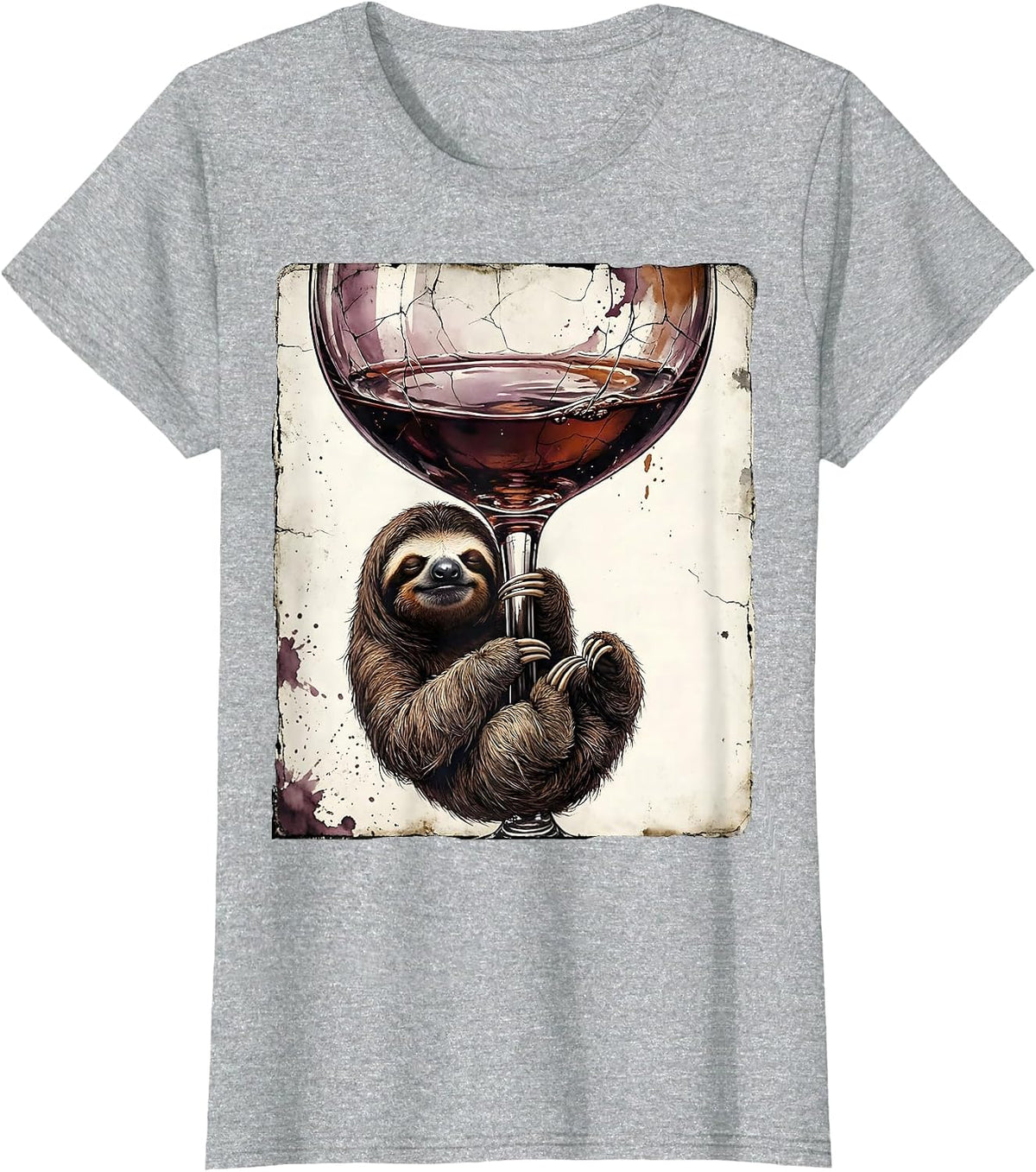 Women's Funny Sloth Hanging From Wine Glass Stem T-Shirt - Heather Grey