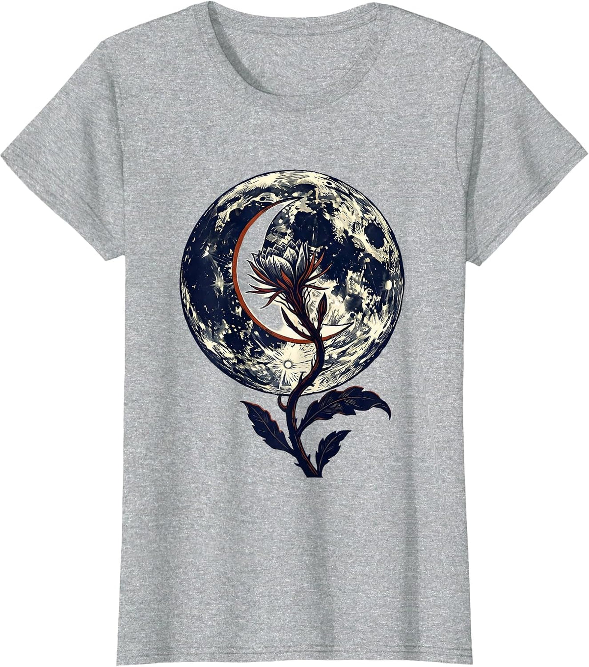 Women's Lunar Crescent Night-Blooming Stem Linocut Boho Celestial T-Shirt - Heather Grey