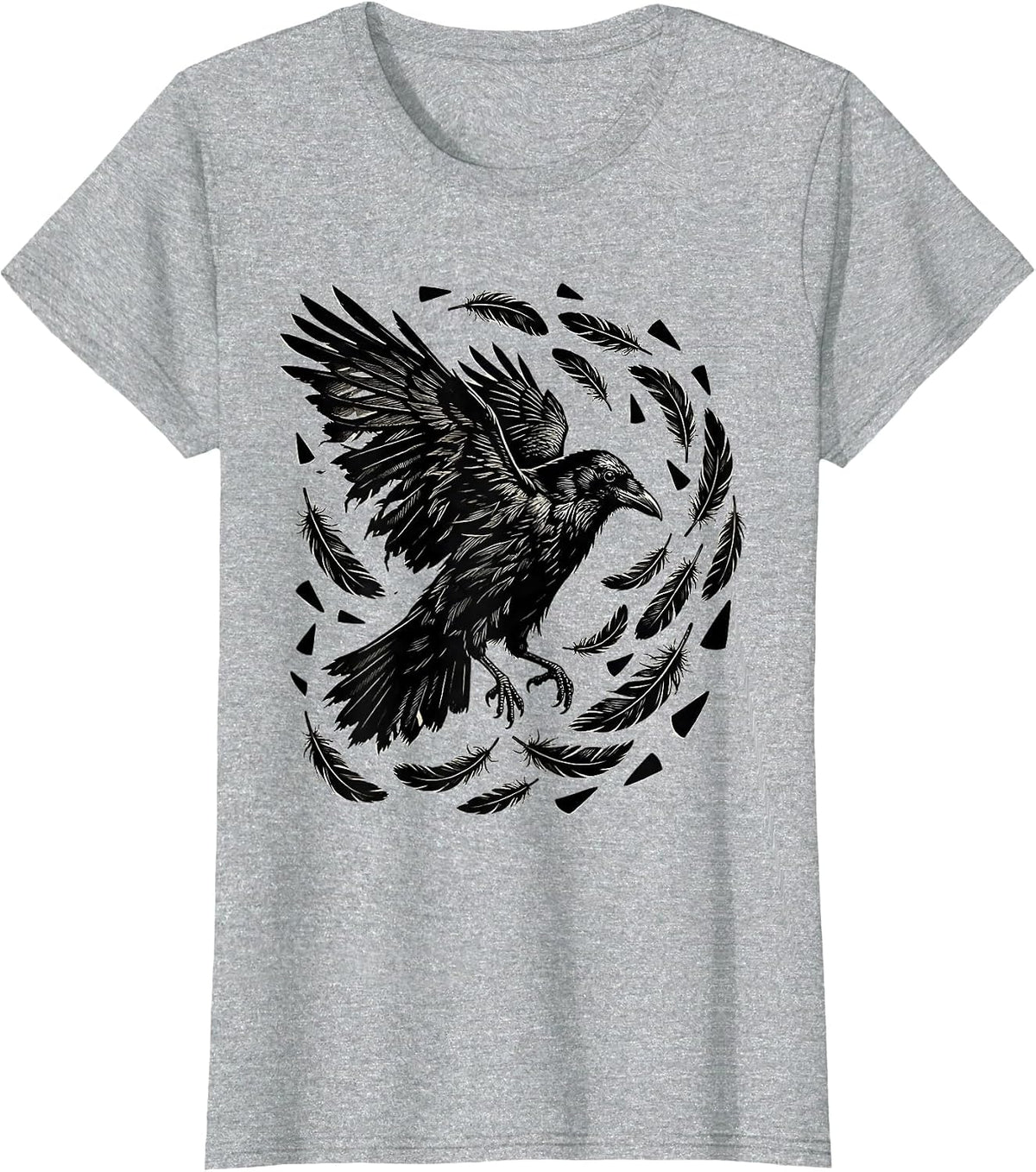 Women's Crow Molting Feathers Scattering in the Wind T-Shirt - Heather Grey
