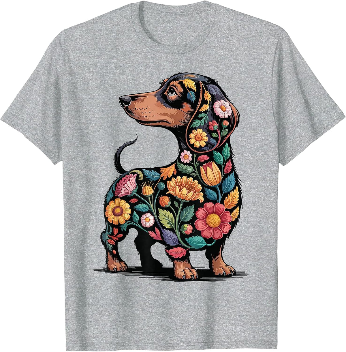 Dachshund Floral Weiner Dog Flowers T-Shirt - Heather Grey