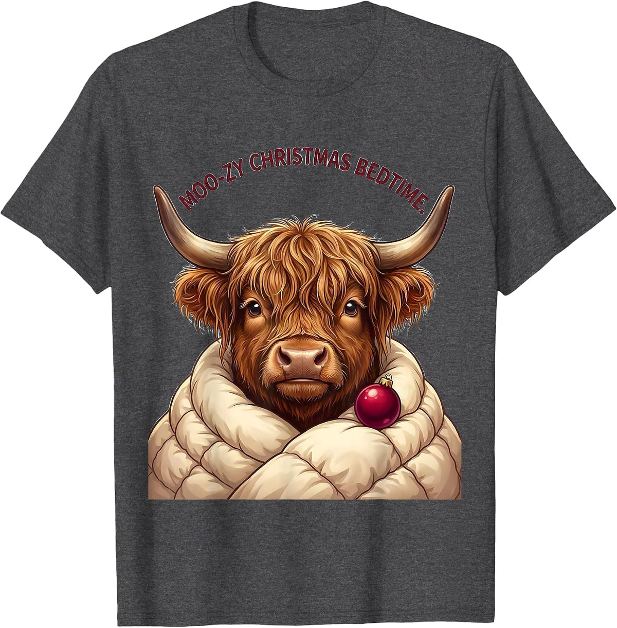 Moo-zy Christmas Bedtime Cute Kawaii Highland Cow Pajama T-Shirt - Dark Heather Grey