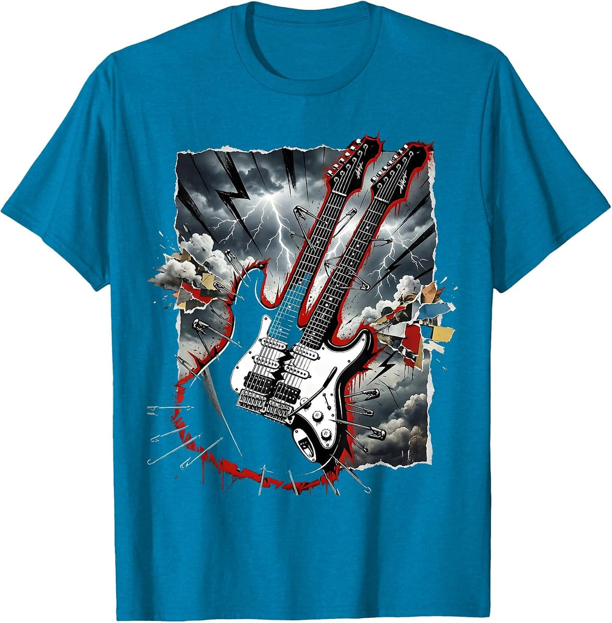 Double-Neck Guitar Stormy Sky Classic Rock Design T-Shirt - Sapphire Blue
