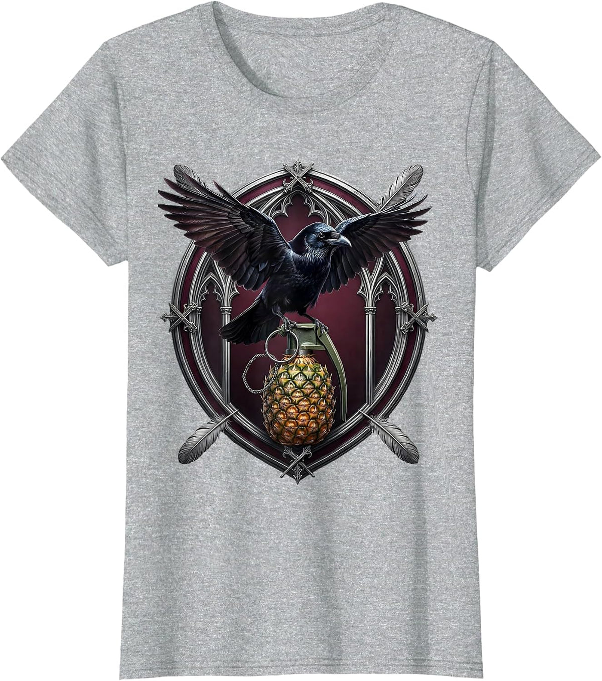 Crow Perched on Grenade Dark Art Illustration T-Shirt - Heather Grey