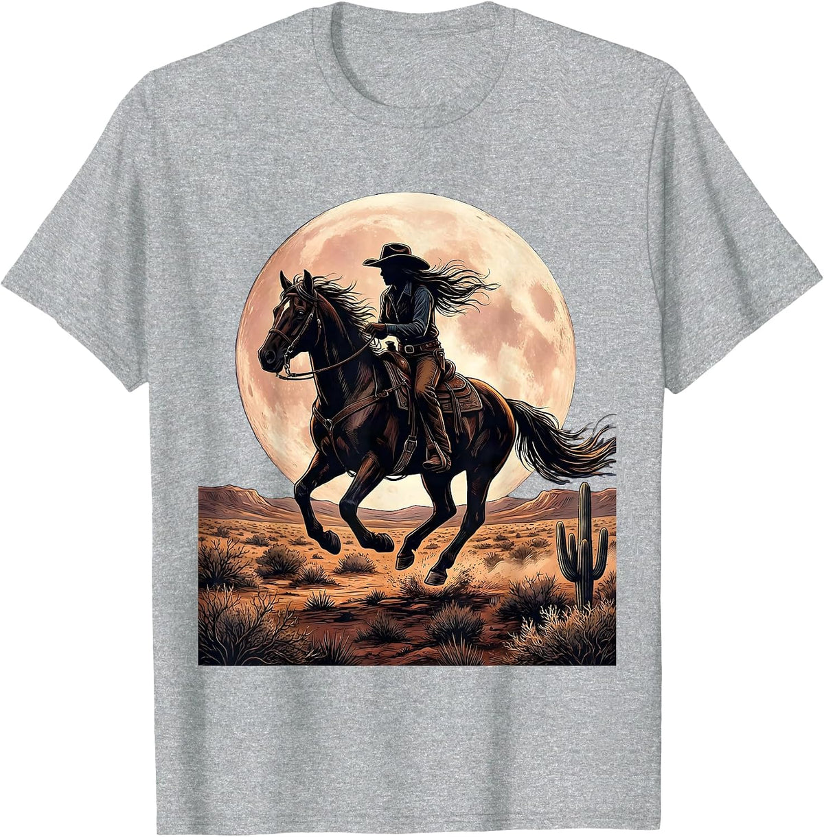 Men's Cowgirl On Horseback Under Full Moon Graphic T-Shirt - Heather Grey