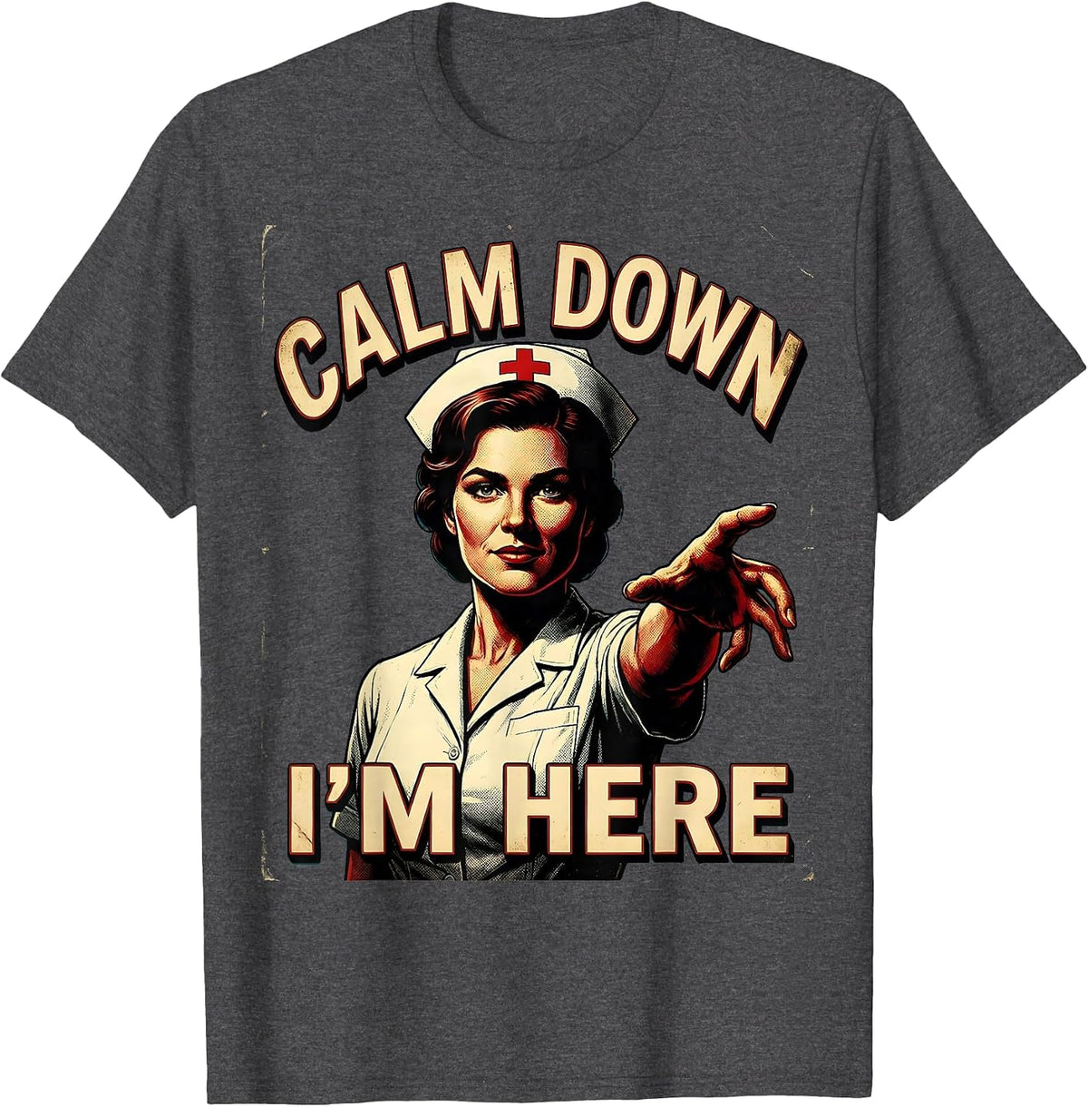 Men's Calm Down I'm Here School Nurse Design T-Shirt - Dark Heather Grey