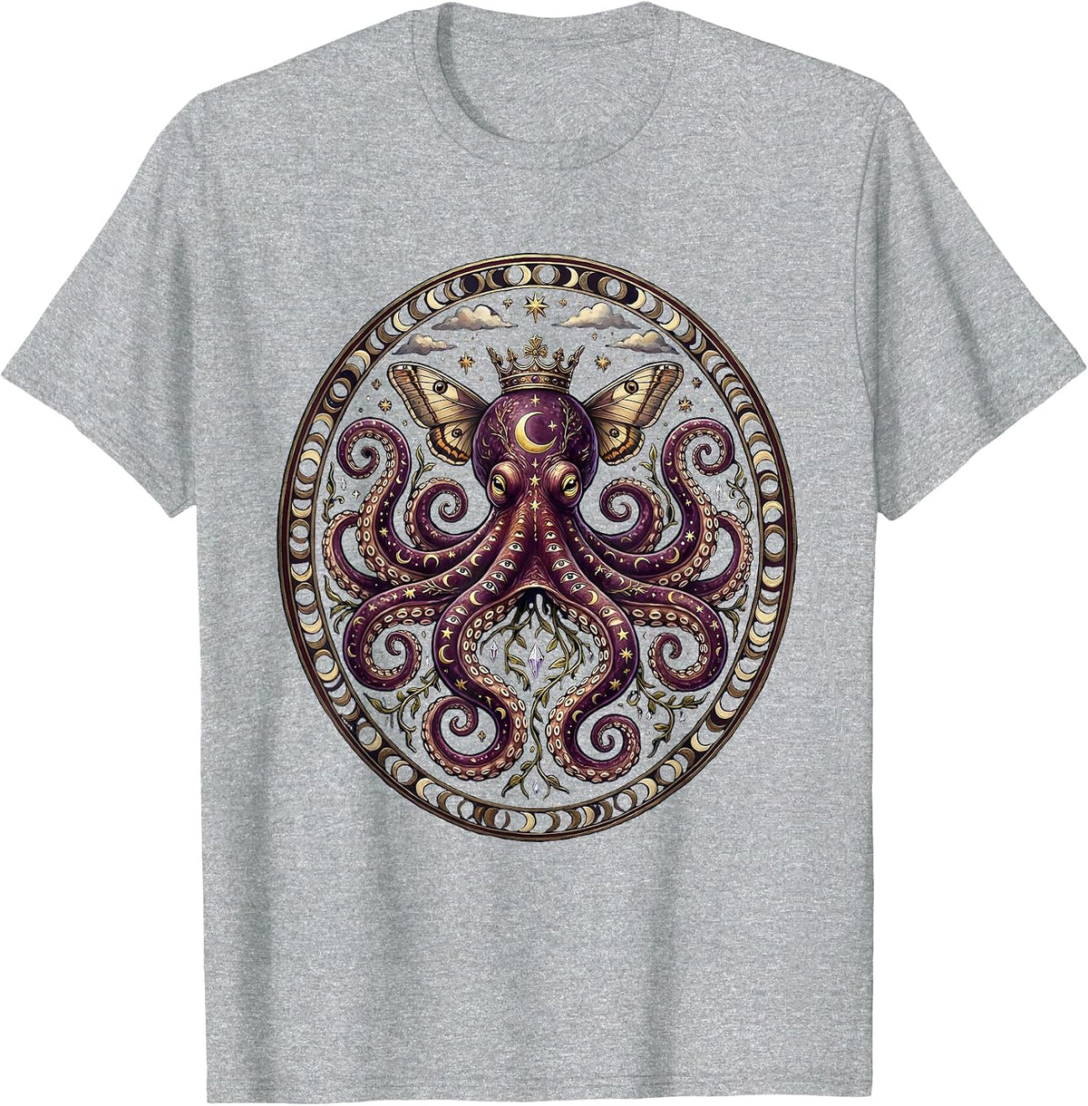 Men's Regal Octopus Wearing a Tiny Golden Crown T-Shirt - Heather Grey