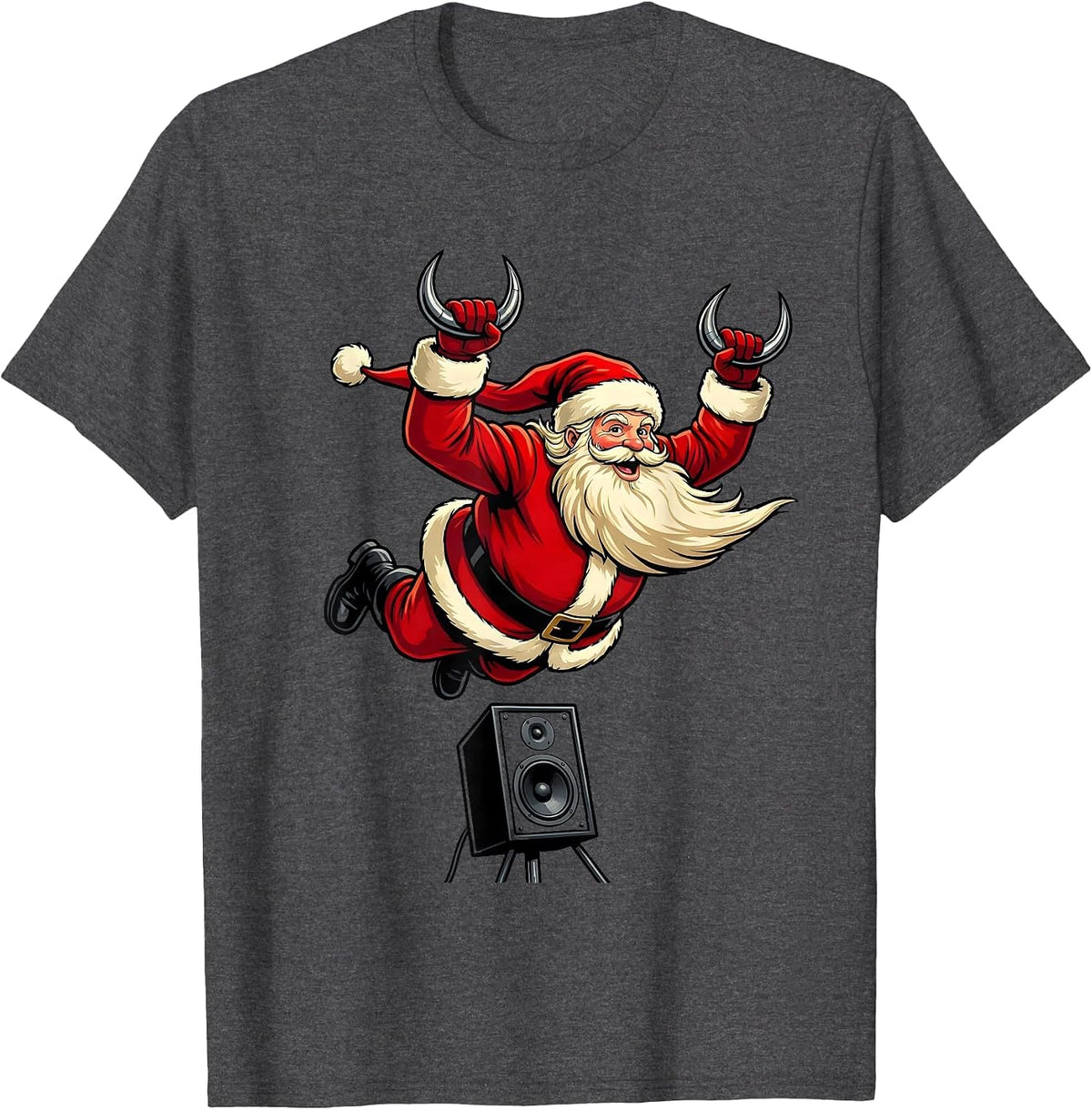 Sleigher Heavy Metal Santa Cartoon Rock Fan T-Shirt - Dark Heather Grey