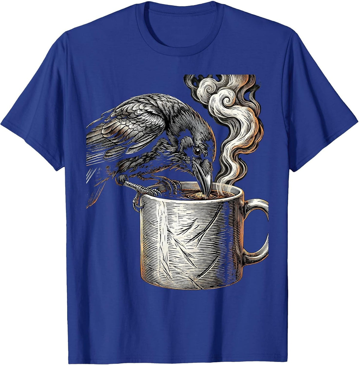 Men's Crow Sipping Coffee Funny Bird Art Design T-Shirt - Royal Blue