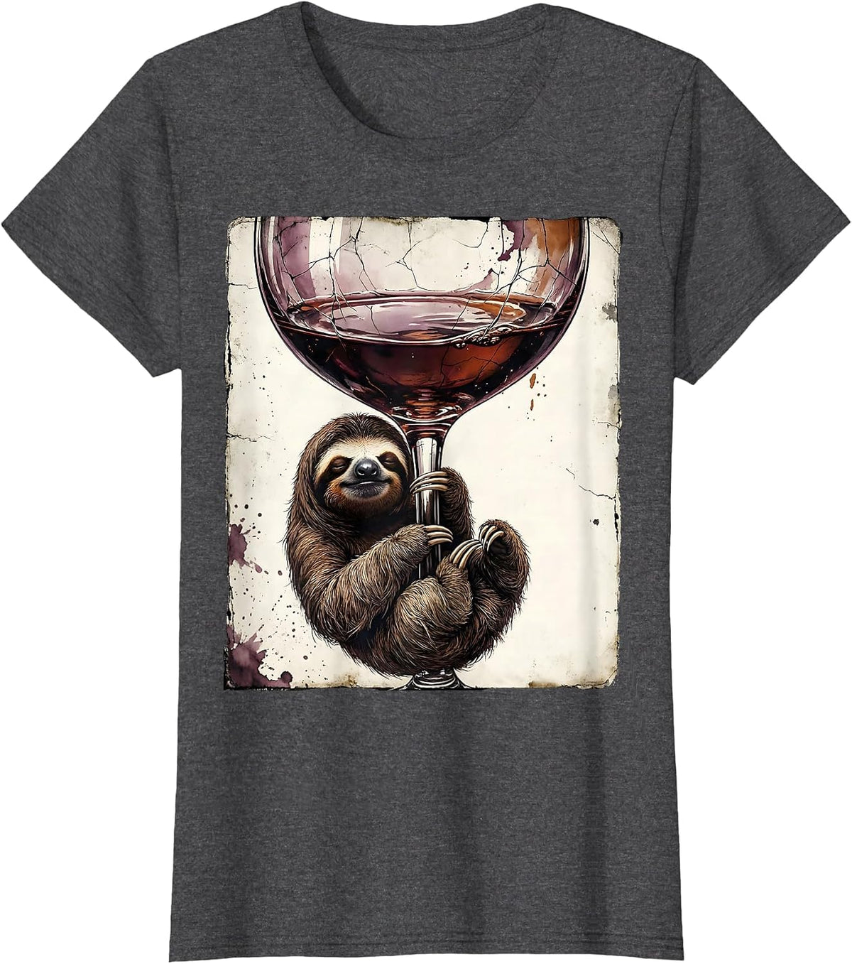 Women's Funny Sloth Hanging From Wine Glass Stem T-Shirt - Dark Heather Grey