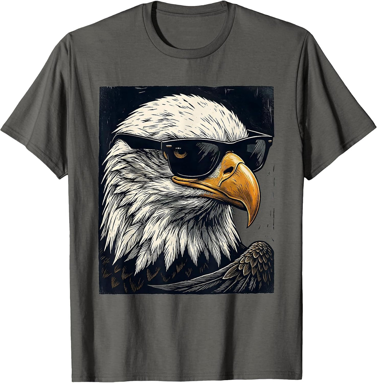 Bald Eagle Sunglasses Linocut Mascot Humor T-Shirt - Asphalt Grey