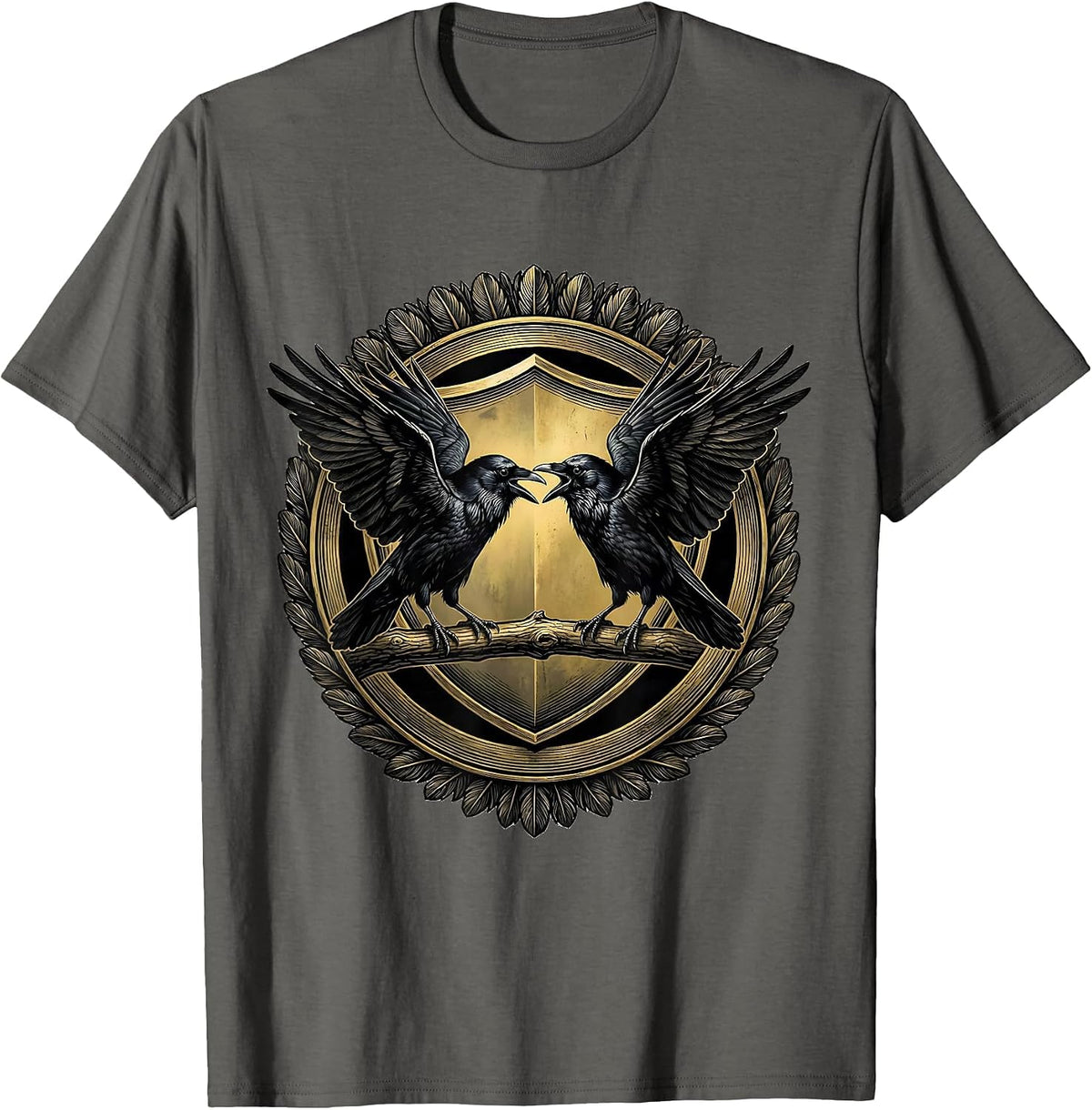 Two Crows Facing Off on a Branch Illustration T-Shirt - Asphalt Grey