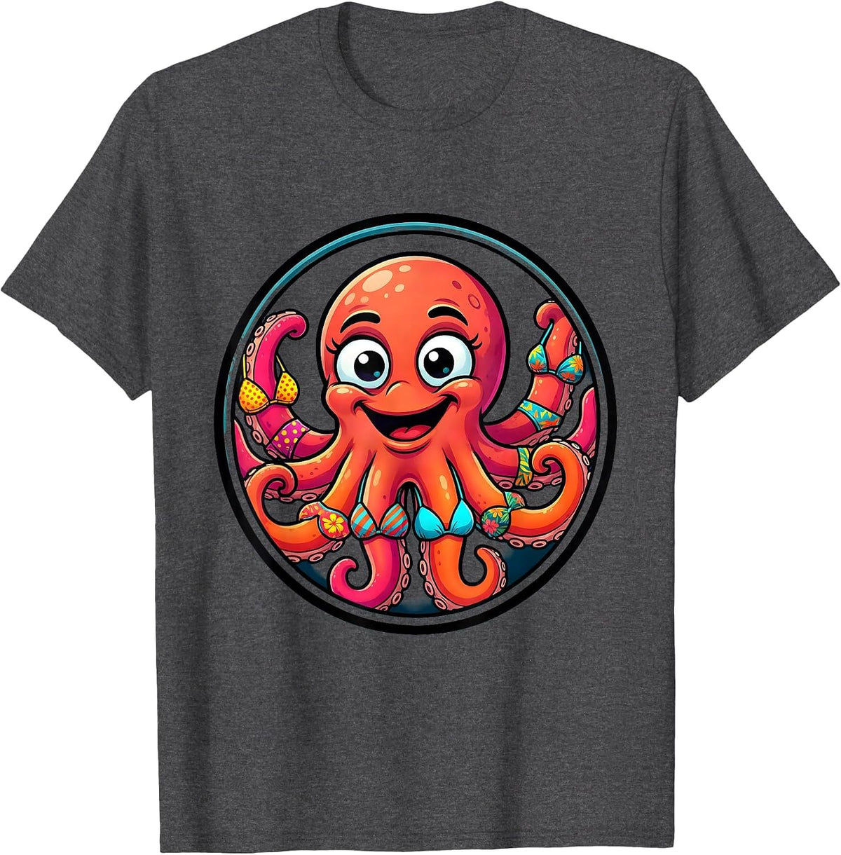 Men's Octopus Wearing Colorful Bikini Tops Graphic Tee T-Shirt - Dark Heather Grey