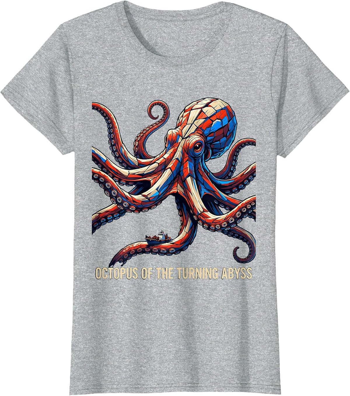 Octopus of the Turning Abyss Futurist Ocean Animal Art T-Shirt - Heather Grey