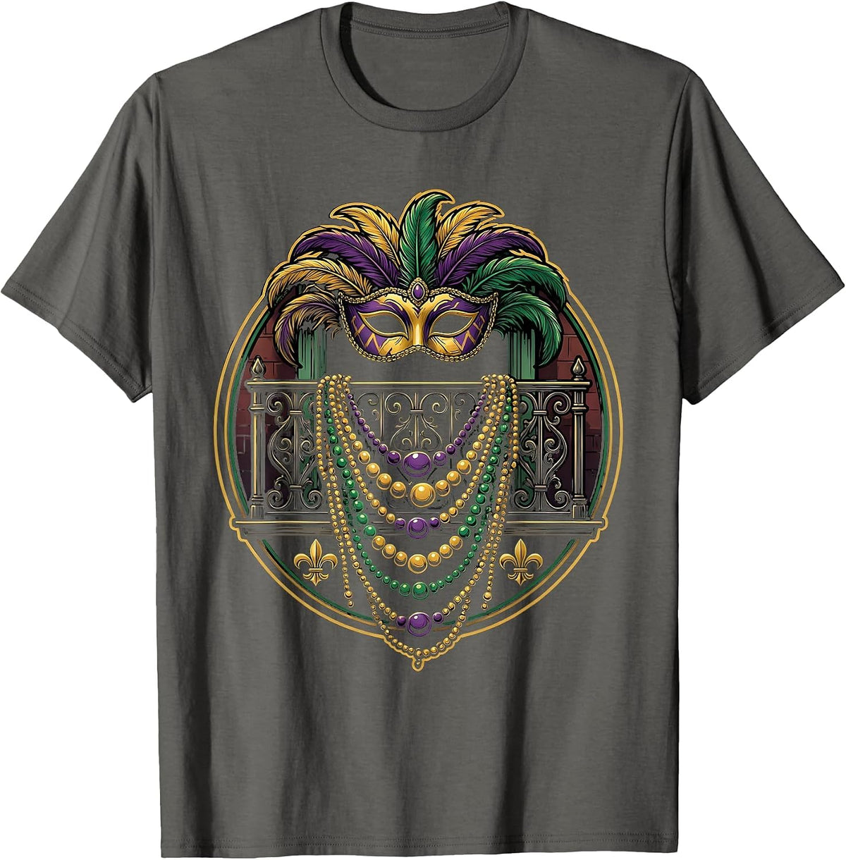 Men's Mardi Gras Bourbon Street Balcony Beads Design T-Shirt - Asphalt Grey