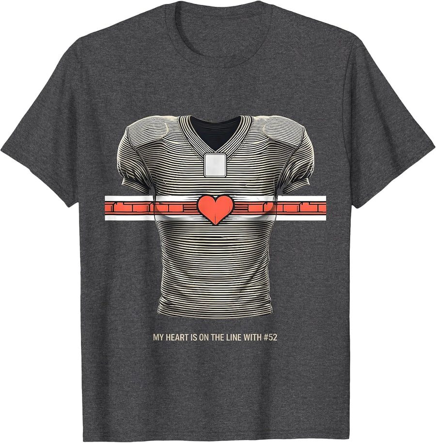 Men's My Heart Is On The Line With #52 Football Mom Jersey Number T-Shirt - Dark Heather Grey