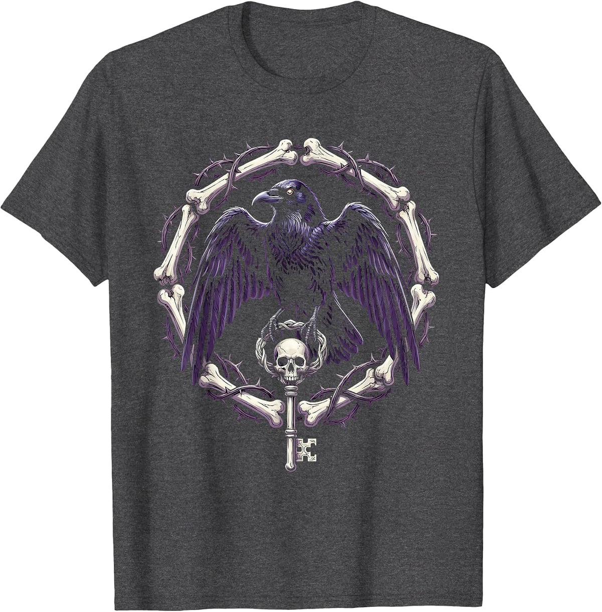 Men's Crow Holding Skeleton Key Gothic Illustration T-Shirt - Dark Heather Grey