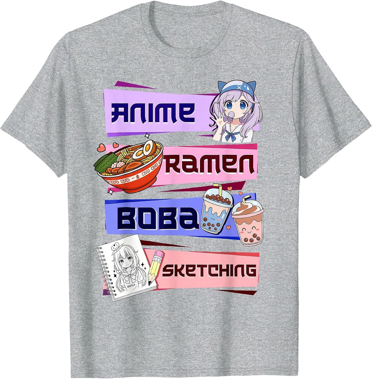 Anime Girl Ramen Boba Tea Bubble Tea Sketching Japanese T-Shirt - Heather Grey