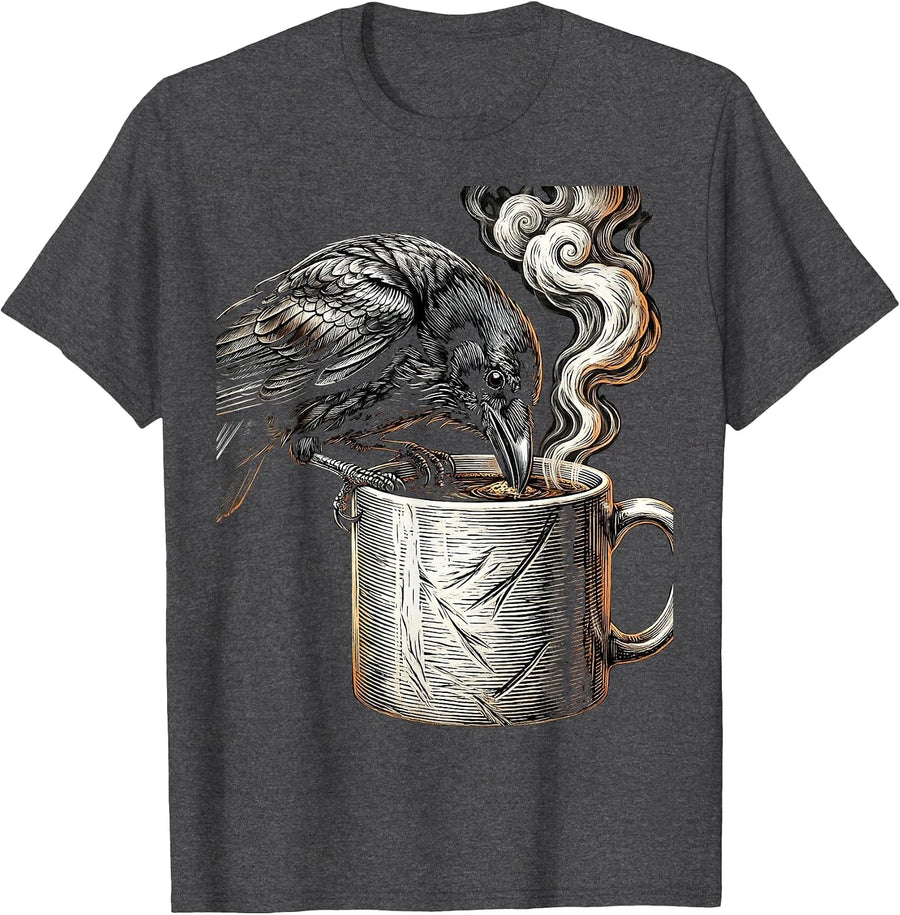 Men's Crow Sipping Coffee Funny Bird Art Design T-Shirt - Dark Heather Grey