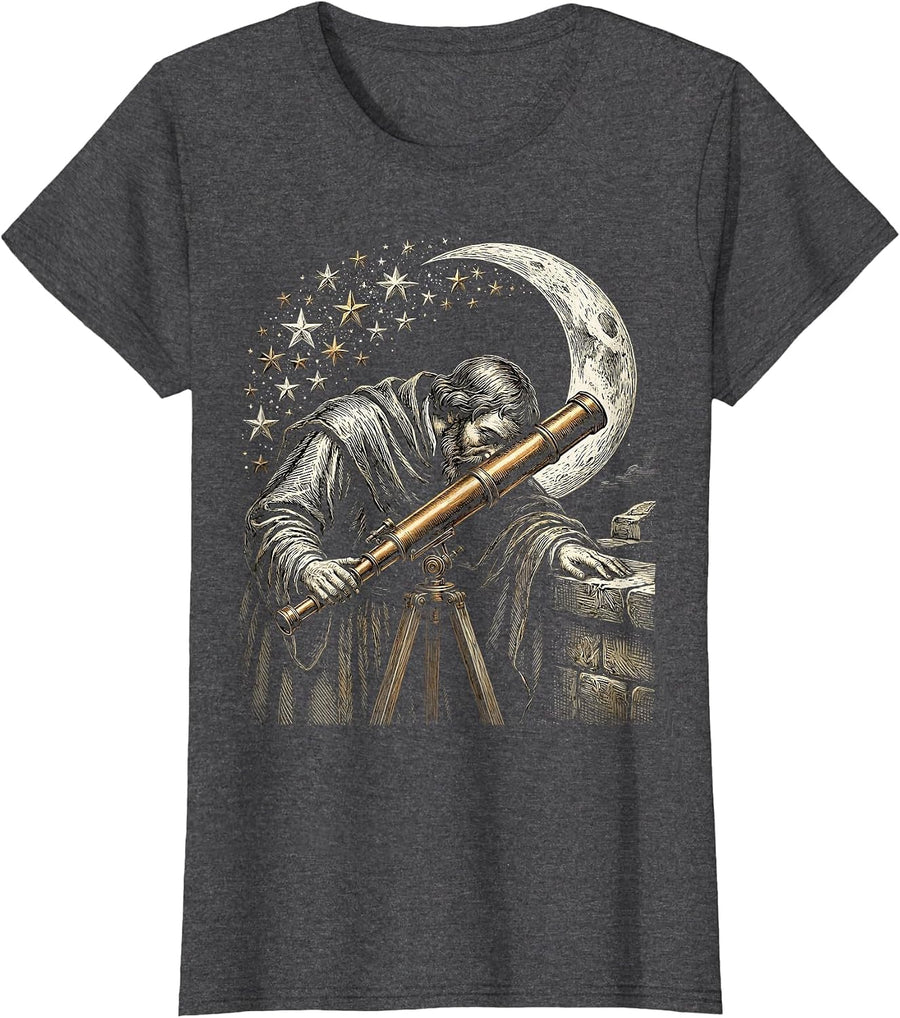 Women's Renaissance Astronomer Brass Telescope Stars Design T-Shirt - Dark Heather Grey
