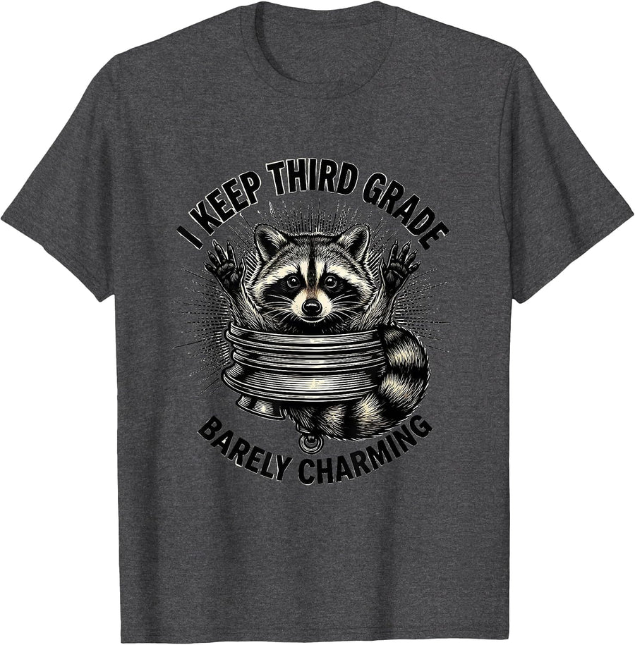 Men's I Keep Third Grade Barely Charming Funny Raccoon Teacher T-Shirt - Dark Heather Grey