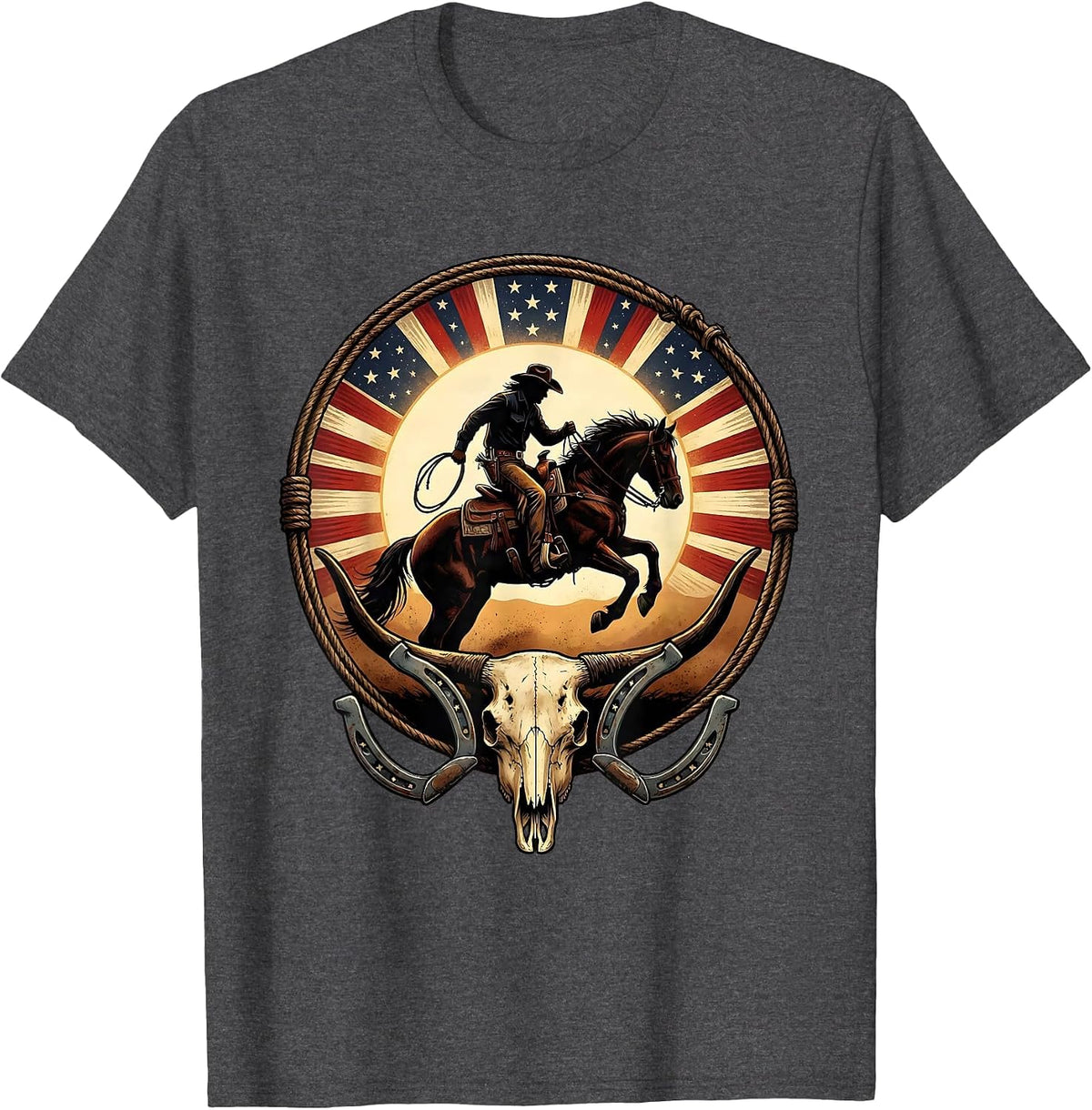 Cowboy Silhouette Desert Sun Rodeo Graphic T-Shirt - Dark Heather Grey