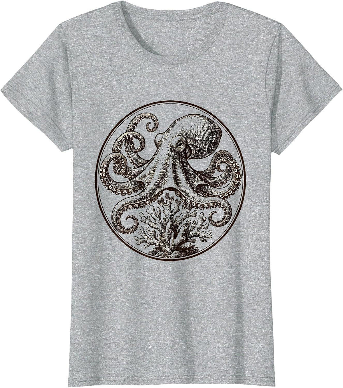 Octopus Curled Around Coral Reef Illustration T-Shirt - Heather Grey